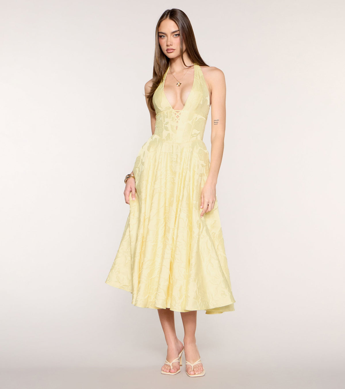 Greta Floral Jacquard Lace-Up Midi Dress