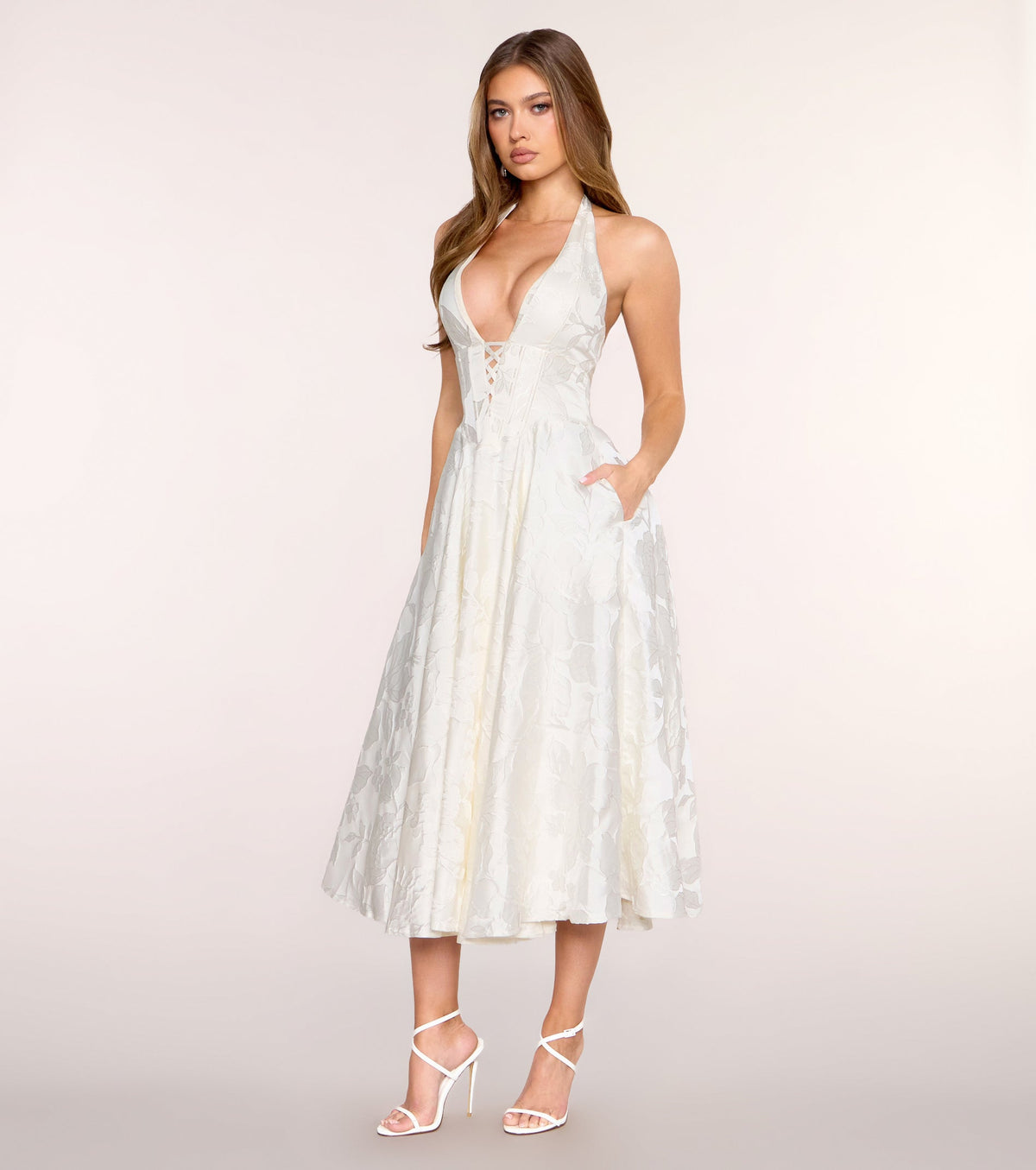 Greta Floral Jacquard Lace-Up Midi Dress
