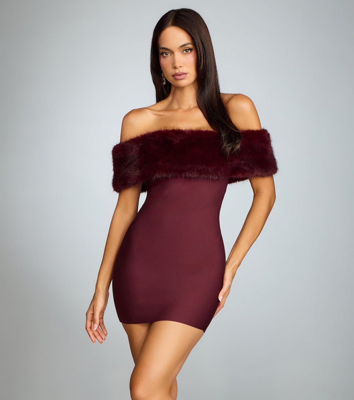 Adelina Faux Fur Off-The-Shoulder Mini Bandage Dress