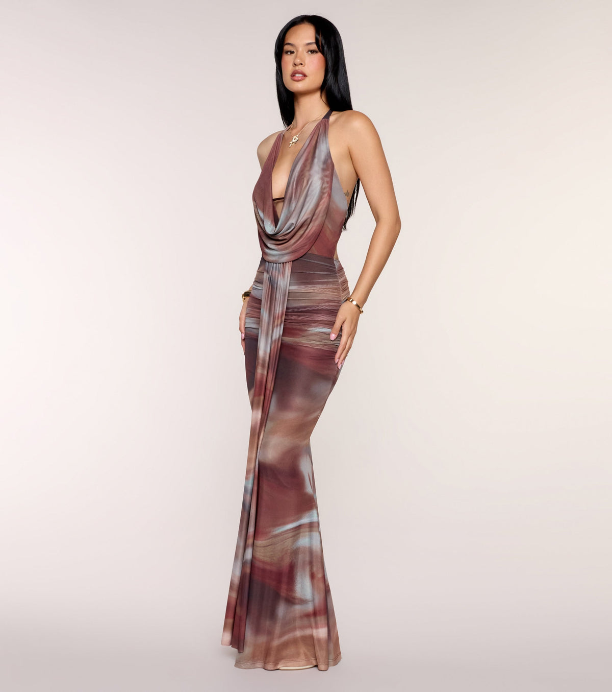 Set The Mood Abstract Print Halter Maxi Dress