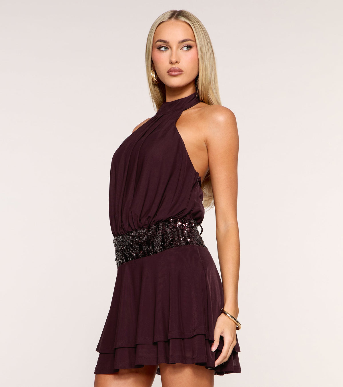 Dazzling Sequin Waist Halter Mini Dress