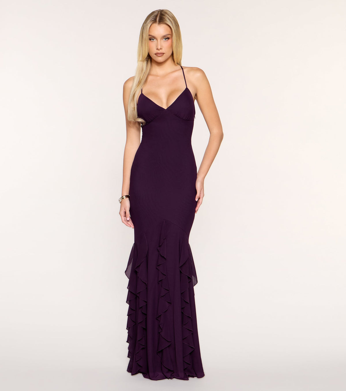 Allure Ruffle Mesh Lace-Up Maxi Dress