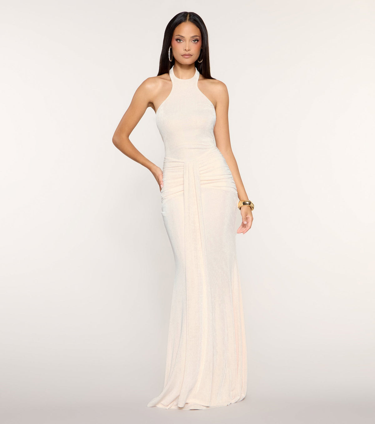 Sleek Open Back Ruched Halter Long Dress