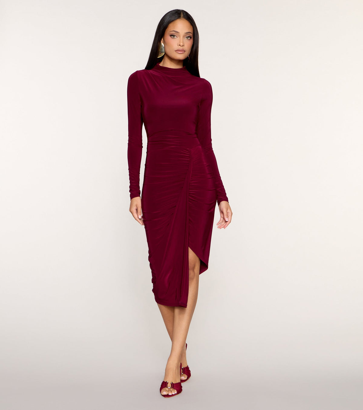 Sleek Gather Long Sleeve Bodycon Midi Dress