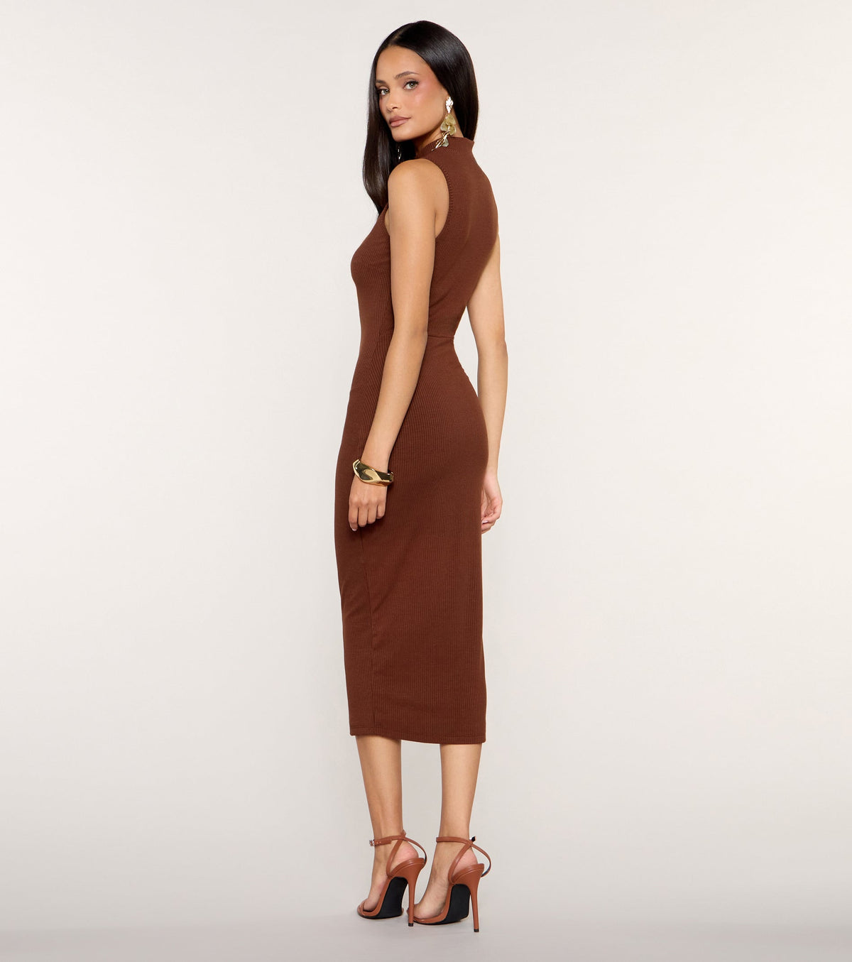Contour Line Mock Neck Rib Knit Bodycon Midi Dress