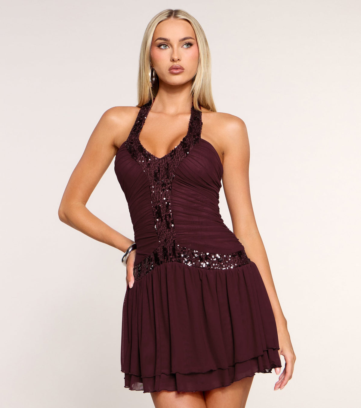 Shimmer And Flirt Sequin Mesh Halter Mini Dress