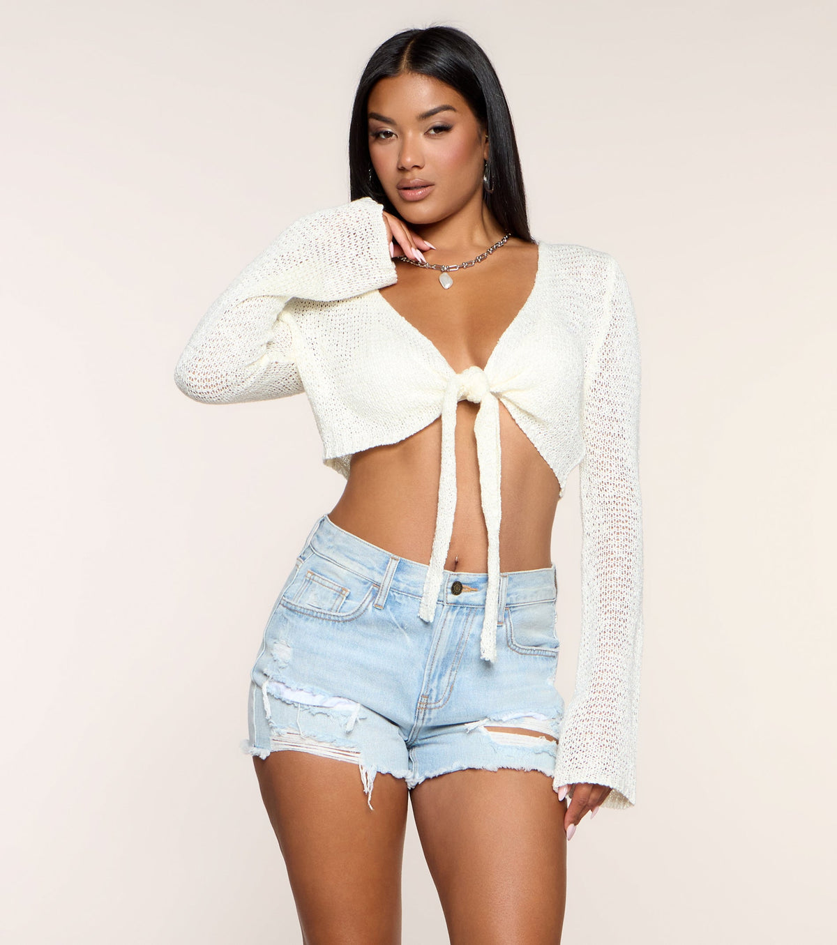 Knit Crush Tie Front Crop Top