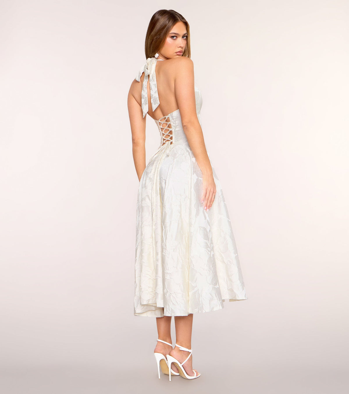 Greta Floral Jacquard Lace-Up Midi Dress