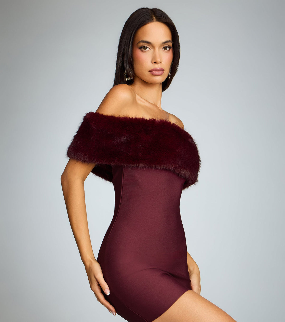 Adelina Faux Fur Off-The-Shoulder Mini Bandage Dress