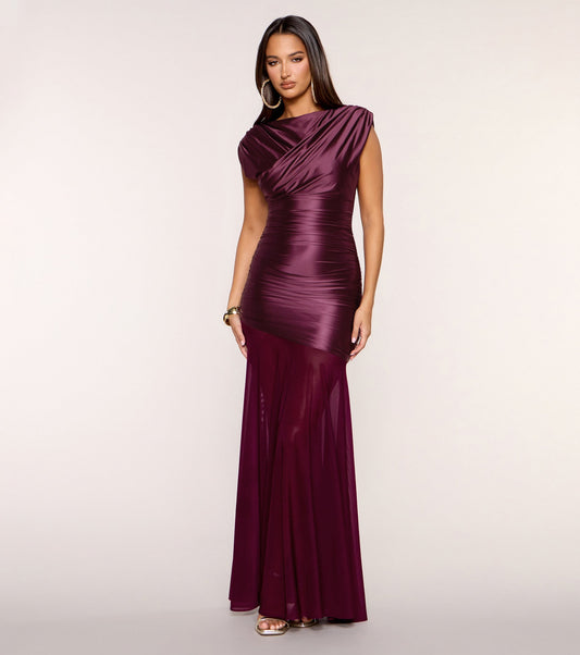 Elowette Draped Satin Chiffon Formal Dress