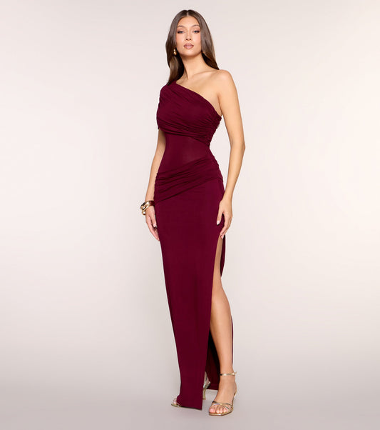 Luelle Draped One-Shoulder Slit Formal Dress