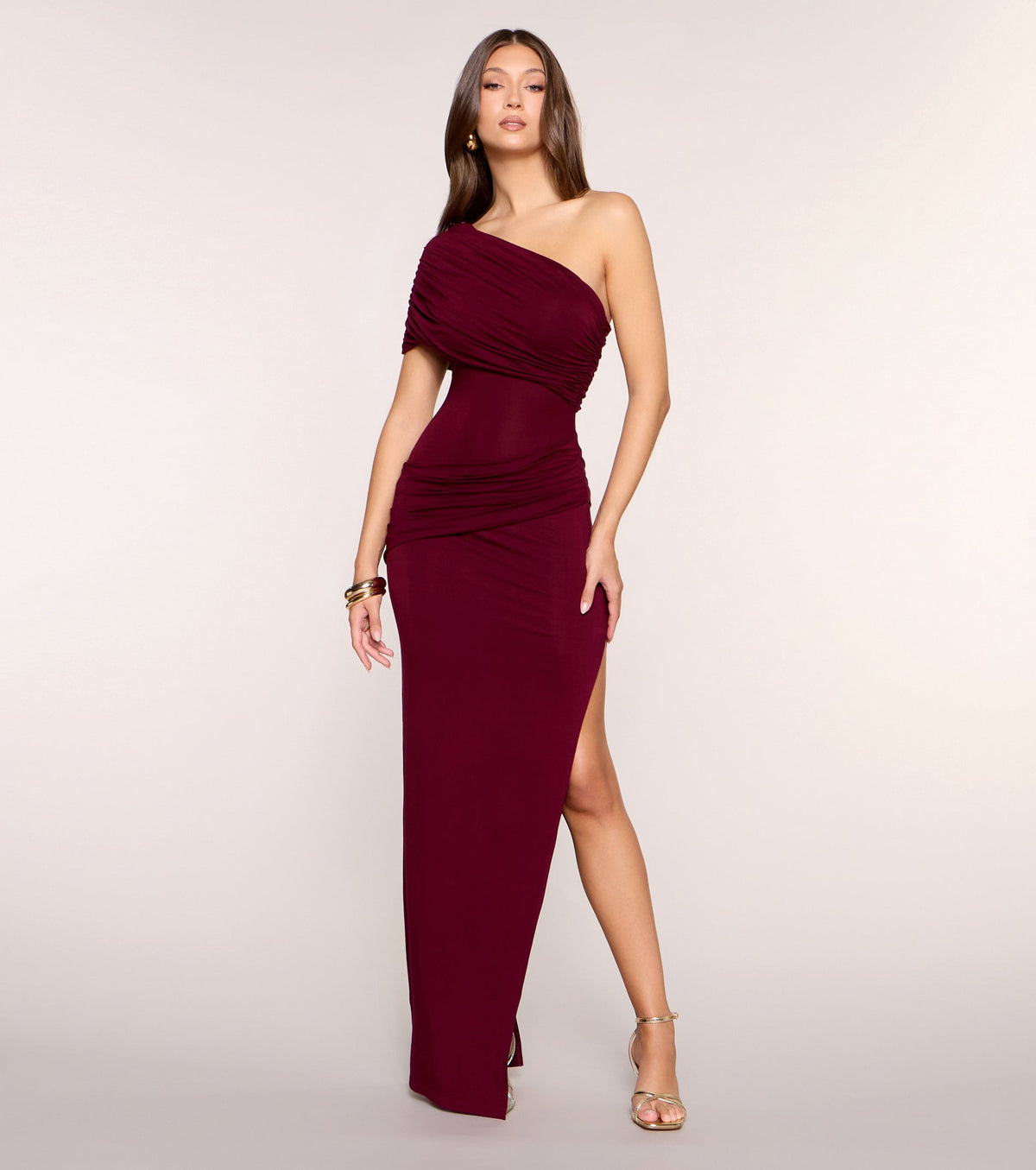 Luelle Draped One-Shoulder Slit Formal Dress