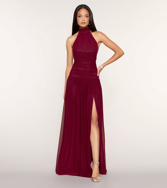 Mireille Front Slit Halter A-Line Long Dress