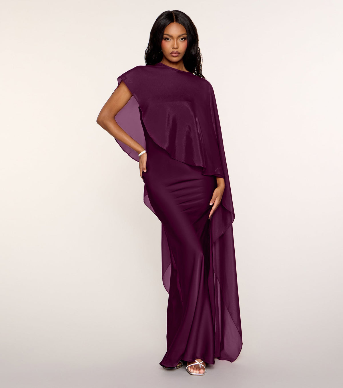 Felicity Satin Dress With Sheer Shawl