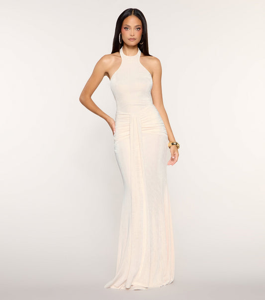 Sleek Open Back Ruched Halter Long Dress