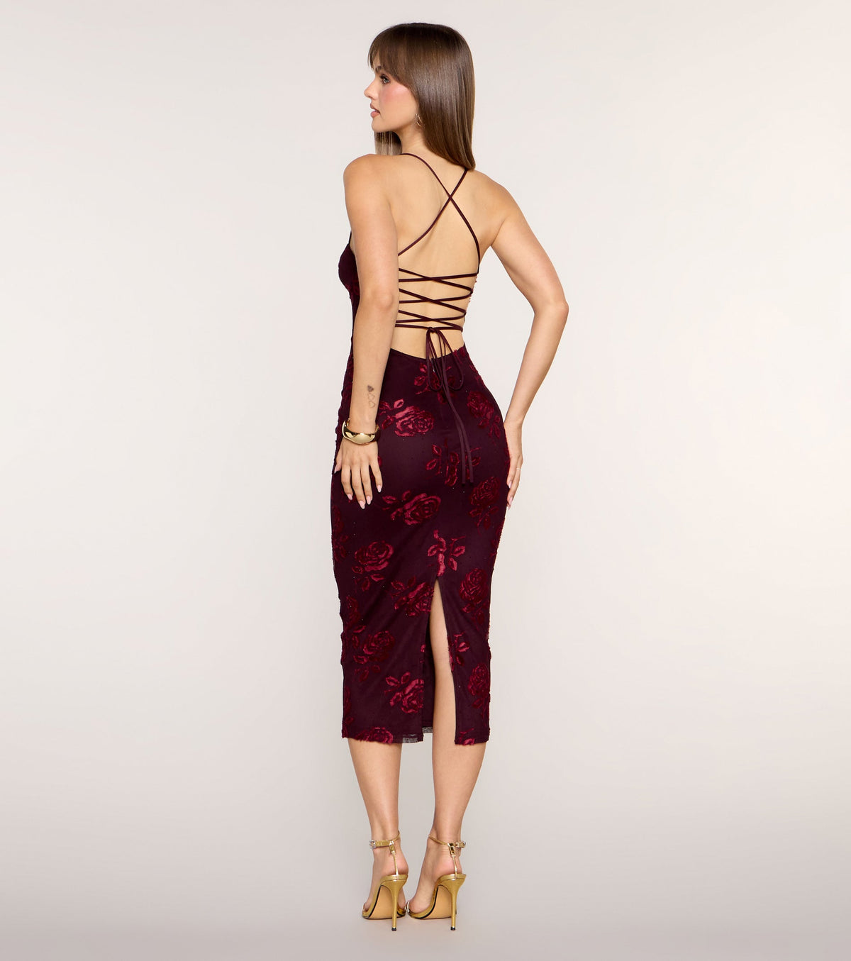 Rose Trace Rhinestone Lace-Up Bodycon Midi Dress