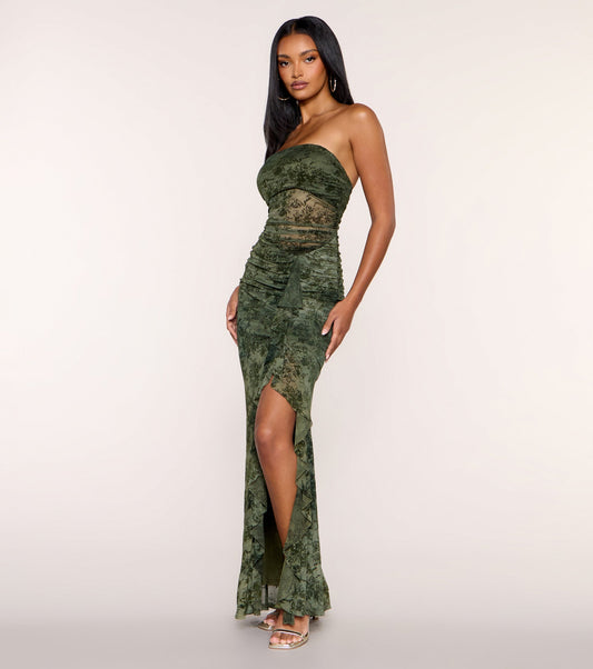 Velvet Trace Flocked Mesh Maxi Dress