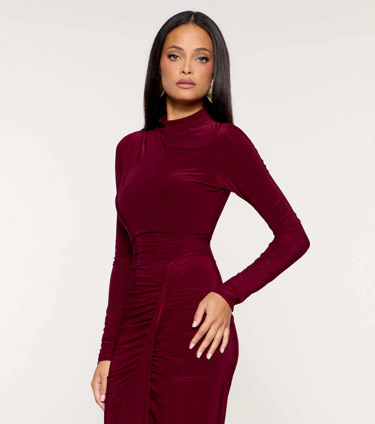Sleek Gather Long Sleeve Bodycon Midi Dress