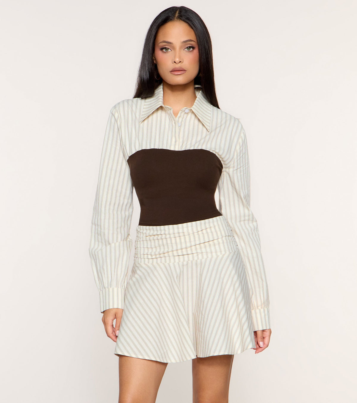 Prep Shift Button-Down Contrast Skater Mini Dress