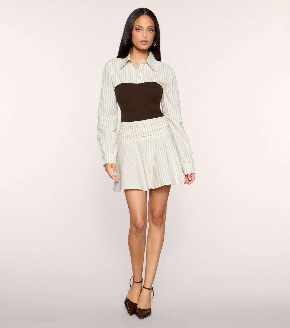 Prep Shift Button-Down Contrast Skater Mini Dress