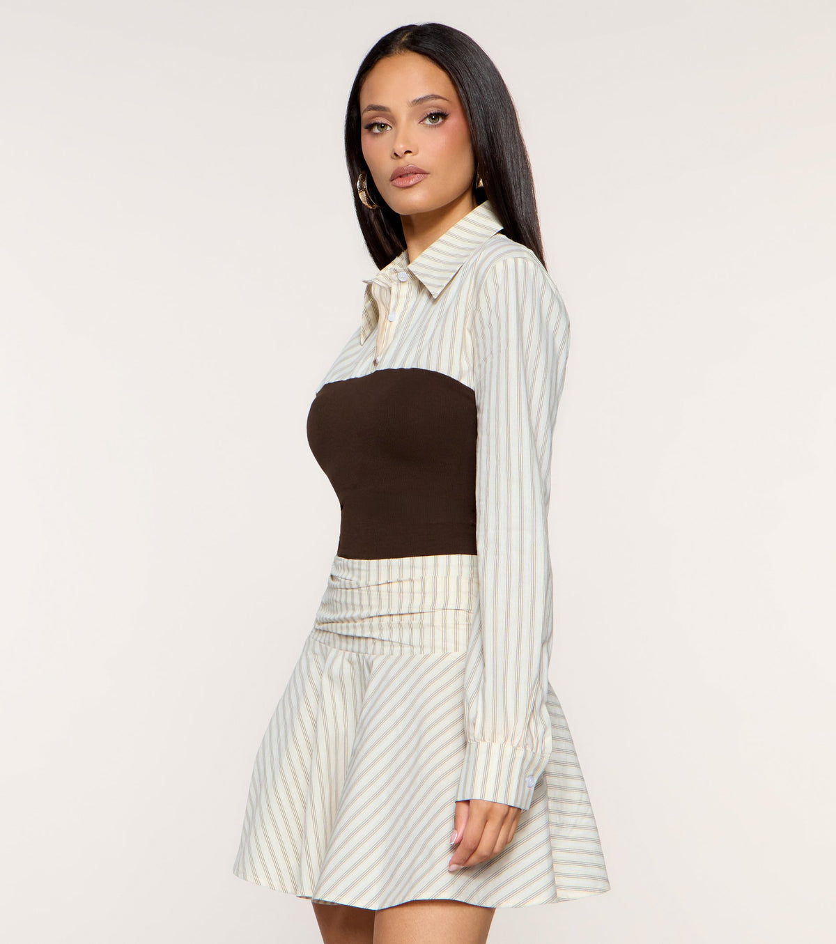 Prep Shift Button-Down Contrast Skater Mini Dress