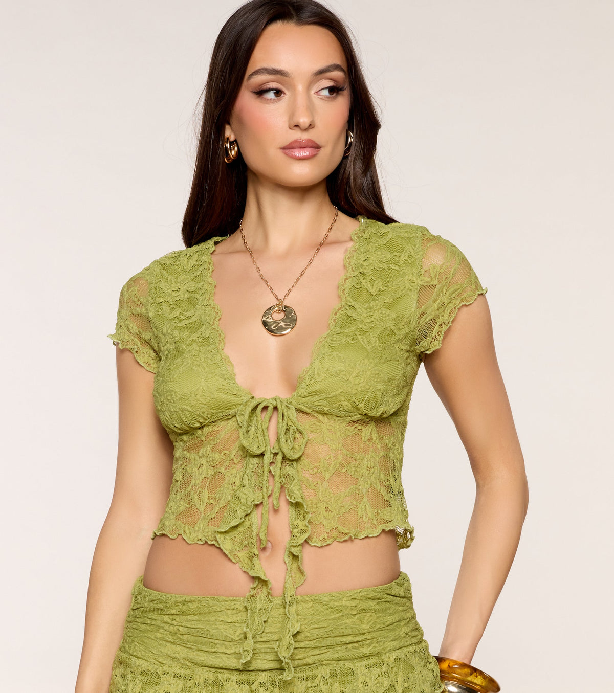 Flirty Edge Lace Ruffle Tie-Front Top