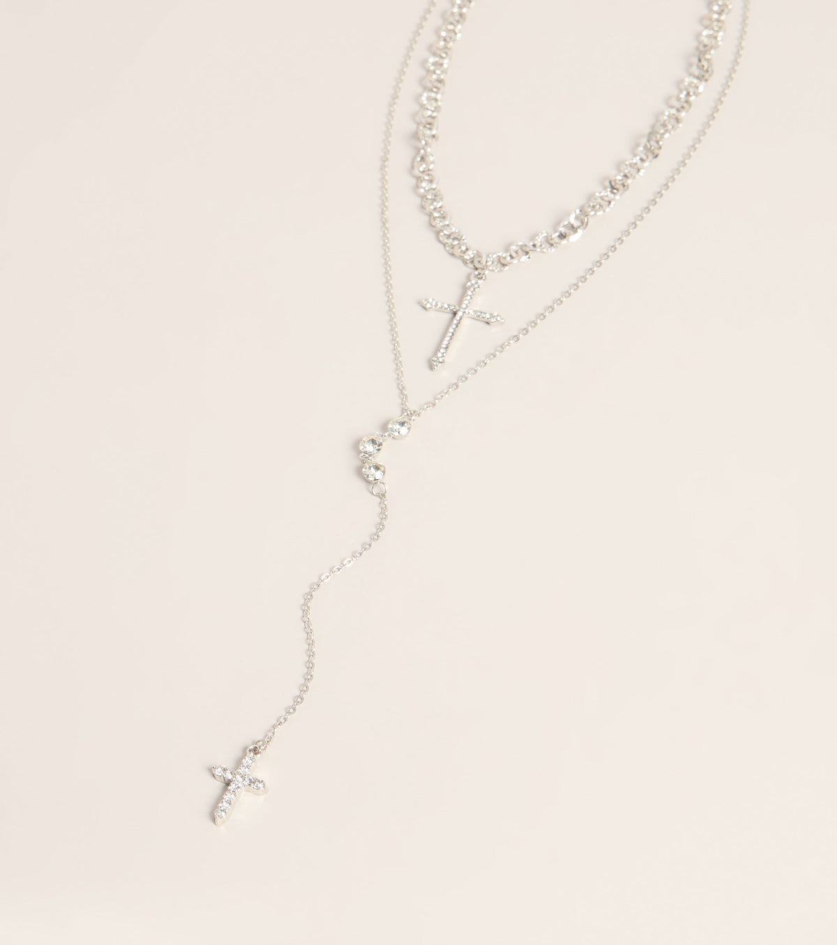 Layered Sparkle Rhinestone Cross Charm Lariat Necklace
