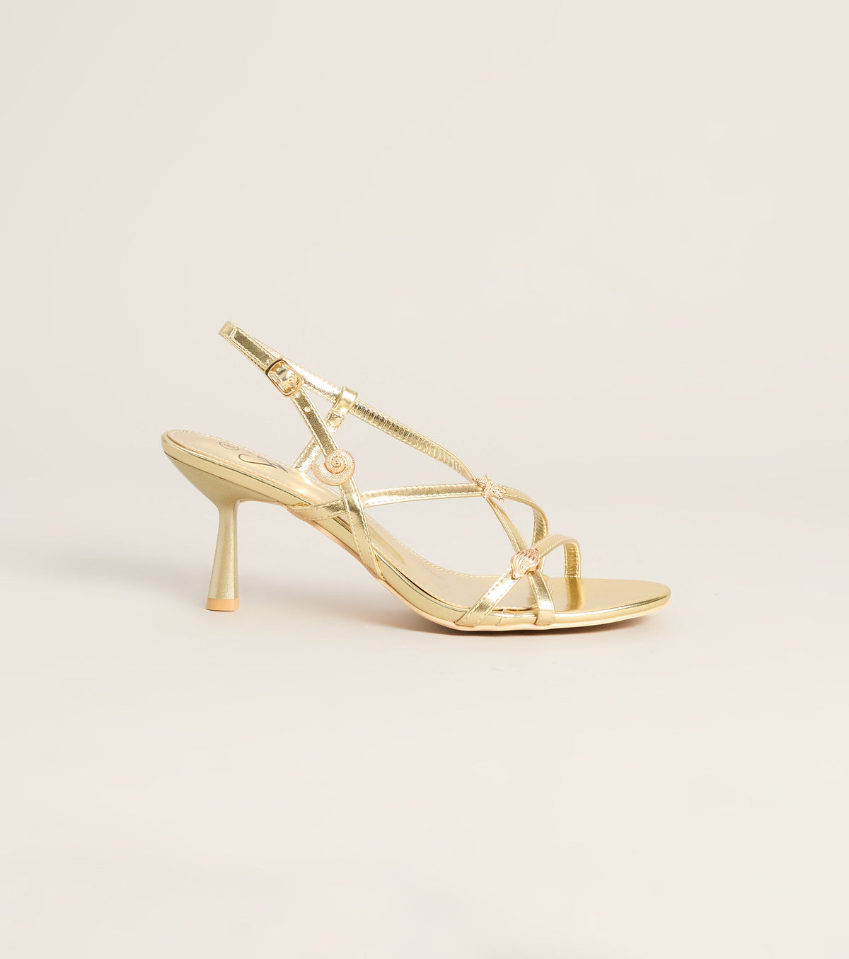On Vacay Sea Shell Charm Metallic Heels